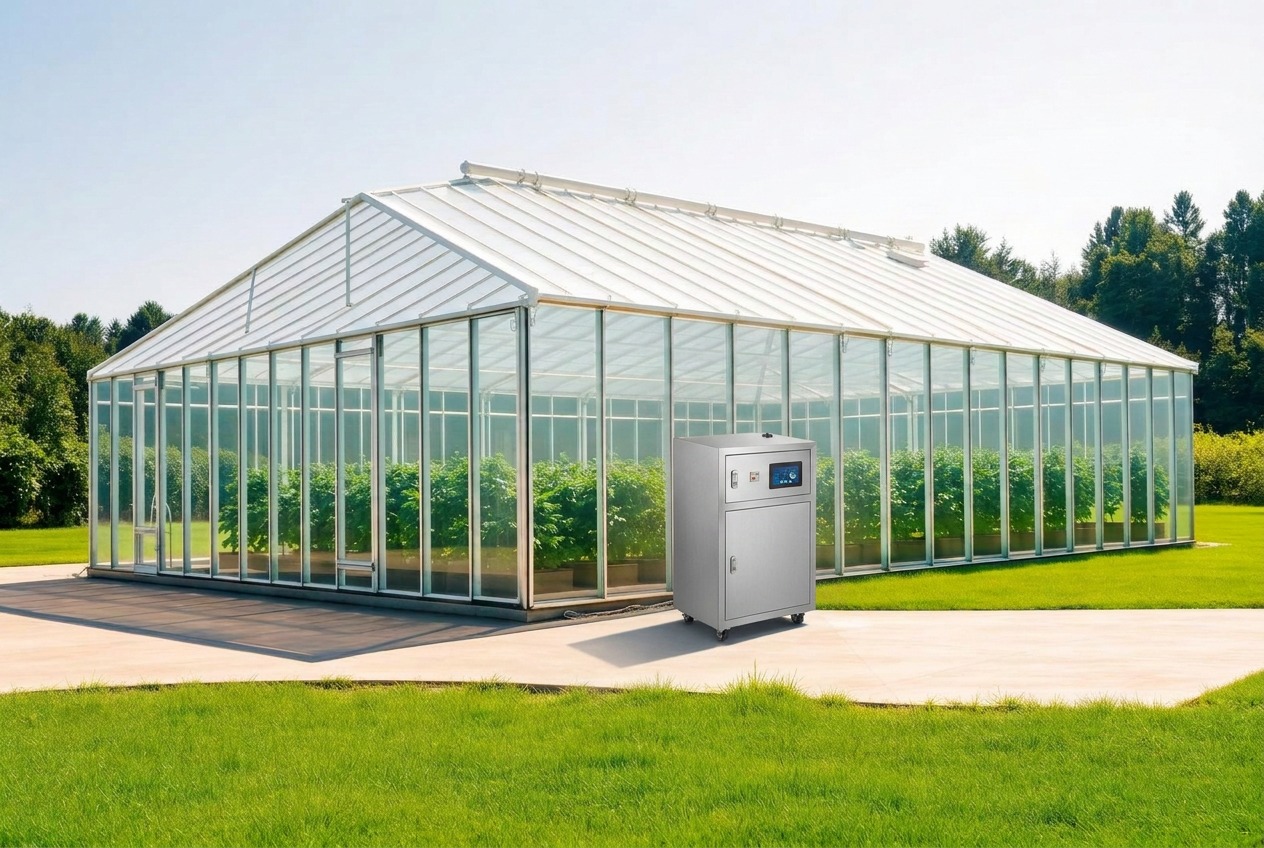 Complete Glasshouse Solution — oxyhydrogen generator beside a sunlit glasshouse