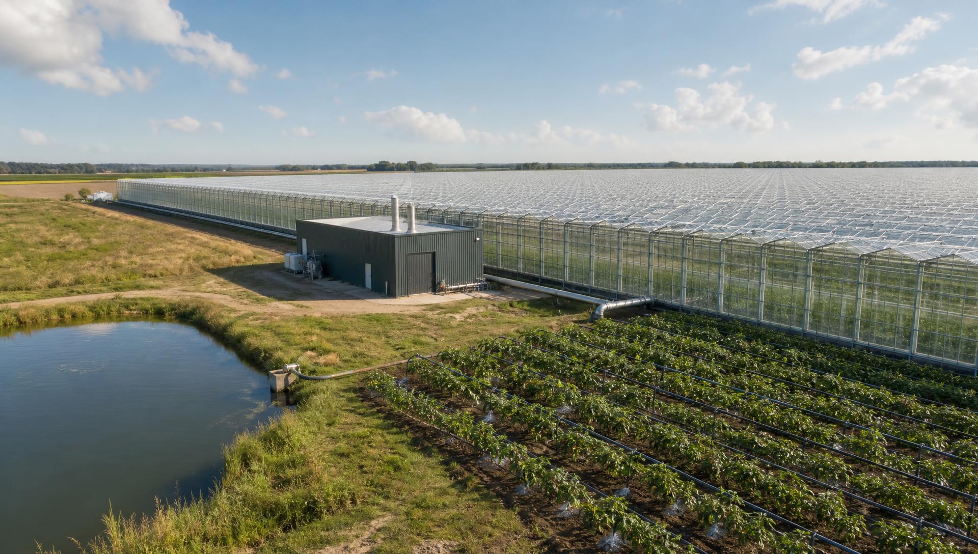 Commercial glasshouse fed by heat pipework from a natural gas boiler house, with a reservoir supplying drip-irrigation lines along green crop rows